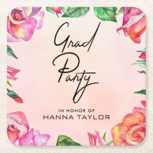 Pink Blush Watercolor Floral Grad Party Square Paper Coaster