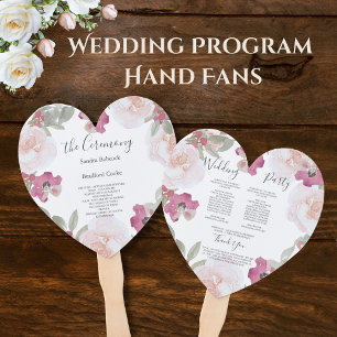 Pink Blush Watercolor Floral Wedding Program   Hand Fan