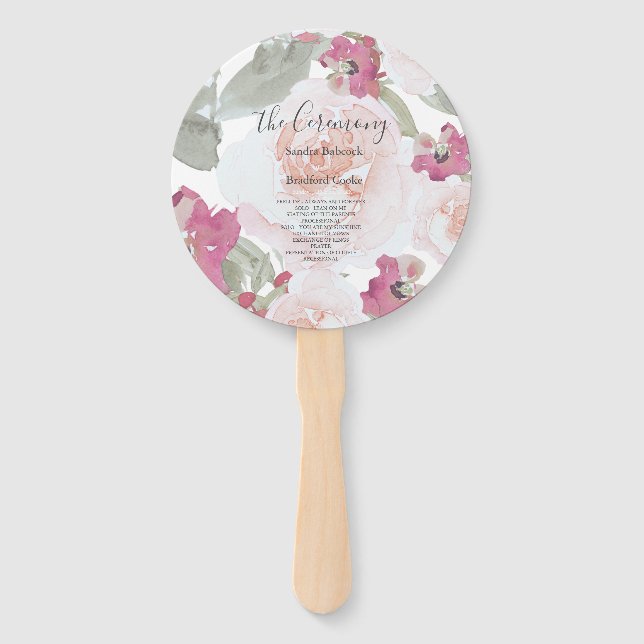 Pink Blush Watercolor Floral Wedding Program   Hand Fan (Front)