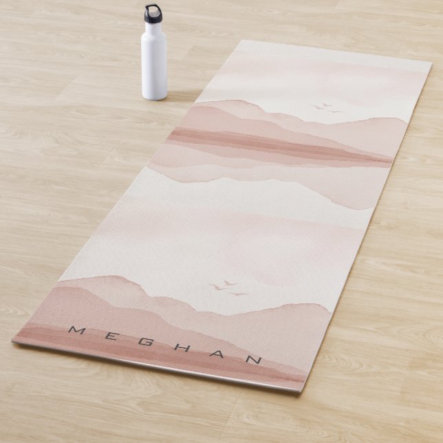 Pink Blush Watercolor Landscape Monogram Yoga Mat (In Situ)