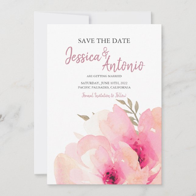 Pink Blush Watercolor Peony Save The Date Wedding (Front)