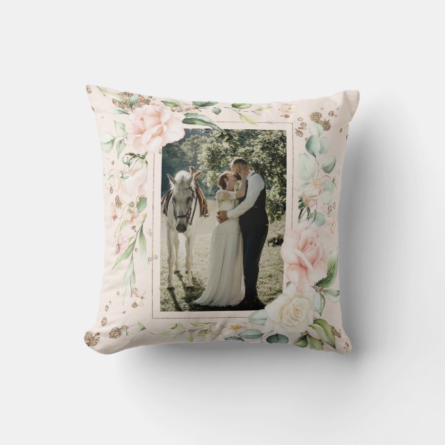 Pink Blush Watercolor Photo Floral Wedding Cushion (Front)