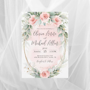 Pink Blush Watercolor Roses Gold Elegant Wedding Invitation