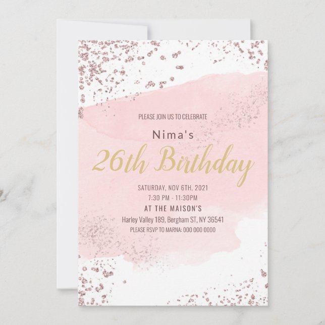 Pink blush watercolor stroke with glitter  invitation (Front)