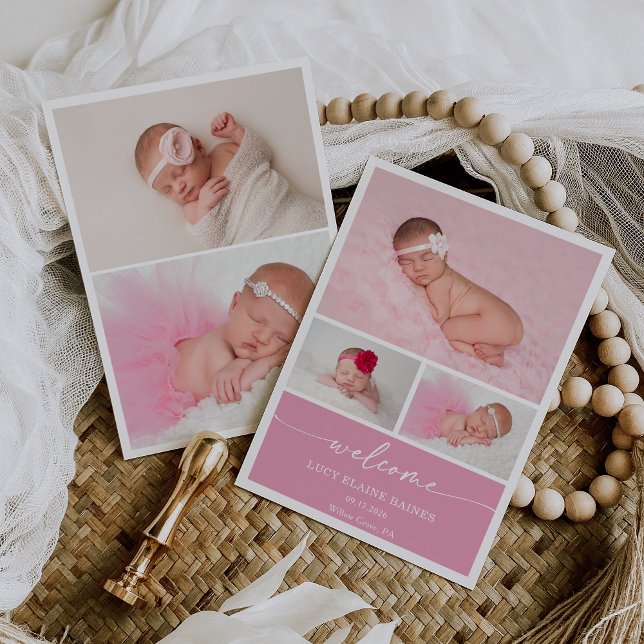 Pink Blush Welcome Baby Photo Announcement Card (Creator Uploaded)