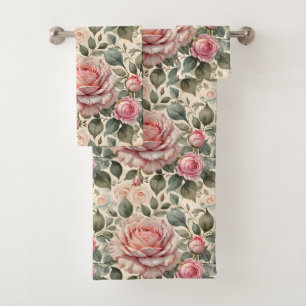 Pink Blush & White Giant Cabbage Roses Bath Towel Set