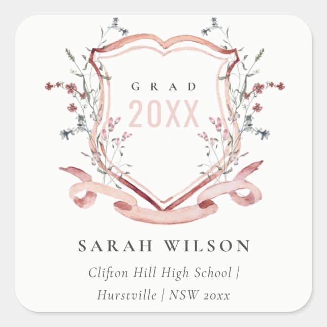 Pink Blush Wildflower Watercolor Crest Graduation Square Sticker (Front)