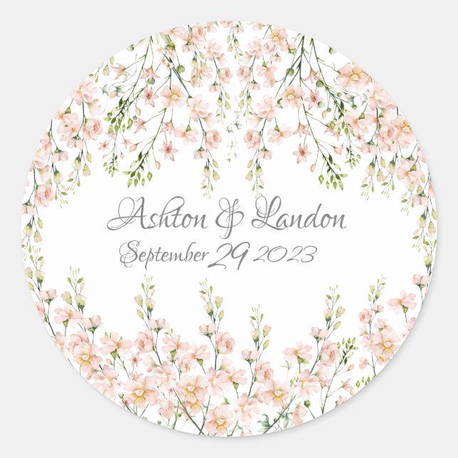 Pink Blush Wildflowers Elegant Floral Name Date Classic Round Sticker (Front)