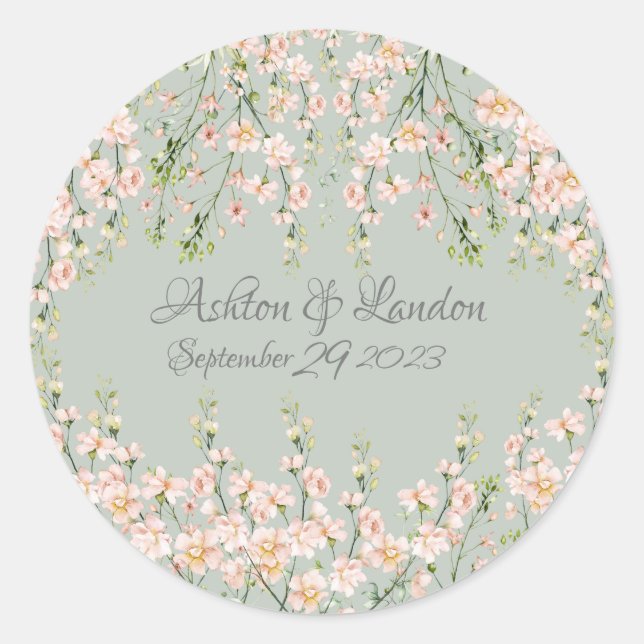 Pink Blush Wildflowers Sage Green Elegant Floral  Classic Round Sticker (Front)