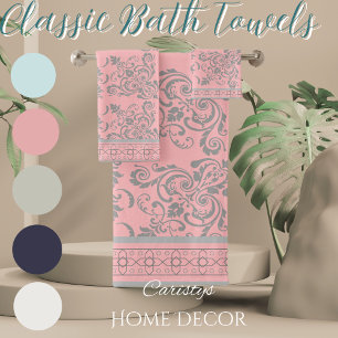 Pink Blush with Grey Flourishes Towel
