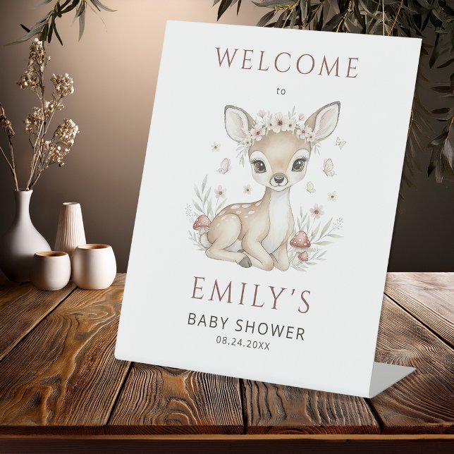 Pink Blush Woodland Deer Girl Welcome Baby Shower Pedestal Sign (Creator Uploaded)