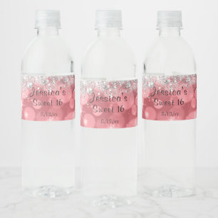 Pink Bo Ho Silver Sparkling Glitter Sweet 16 Water Bottle Label