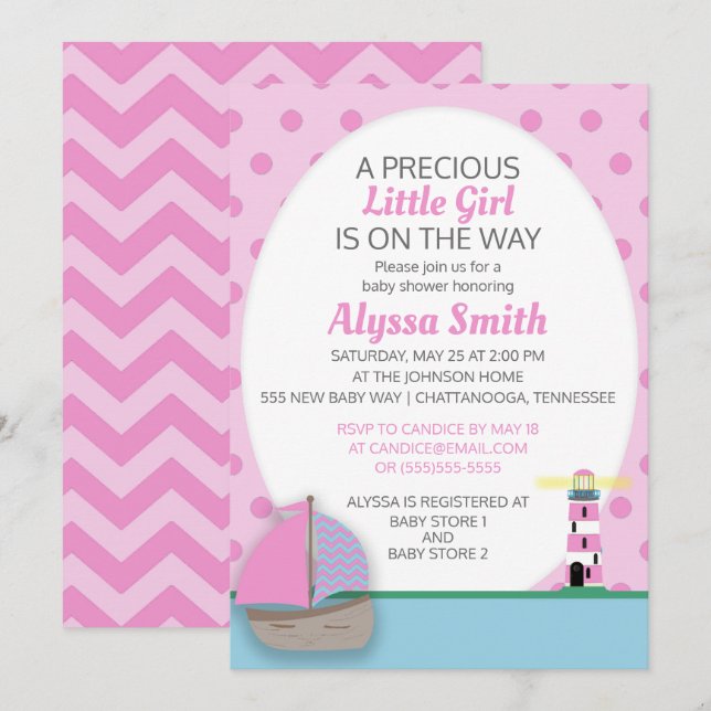 Pink Boat and Lighthouse Baby Girl Shower Invite (Front/Back)