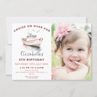 Pink Boat Birthday Photo Invitation