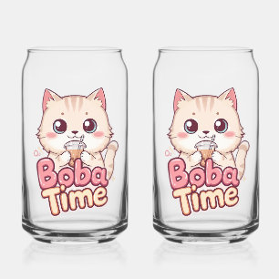 Pink Boba Tea and Cat Illustration Can Glass