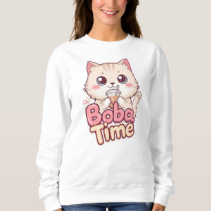 Pink Boba Tea and Cat Illustration Sweatshirt