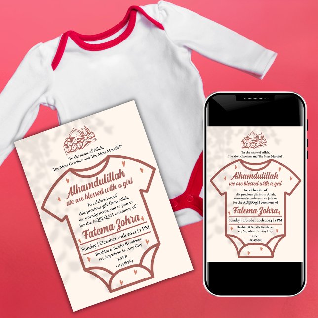 Pink Bodysuit Baby Girl Muslim Islamic Aqeeqah Invitation (Creator Uploaded)