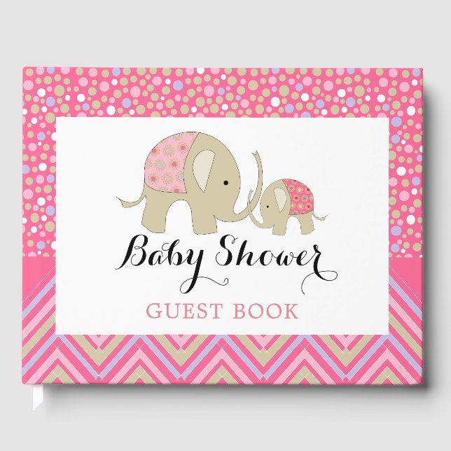 Pink Bohemian Elephant and Chevron Baby Shower Guest Book (Front)