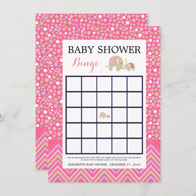 Pink Bohemian Elephant & Chevron Baby Shower Bingo Invitation (Front/Back)