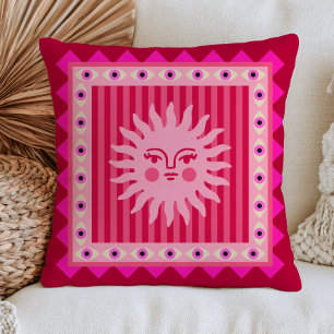 Pink Bohemian Sun Face on Stripes Evil Eyes Funky Cushion