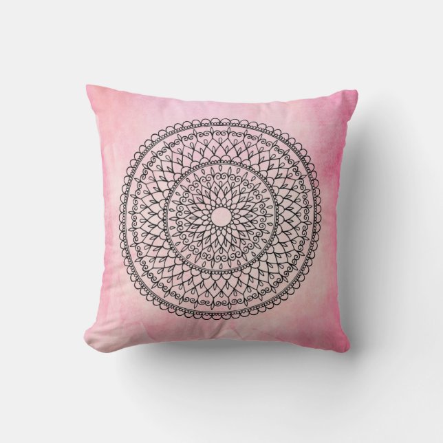 Pink Bohemian Watercolor Hand Drawn Mandala Flower Cushion (Front)