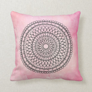 Pink Bohemian Watercolor Hand Drawn Mandala Flower Cushion
