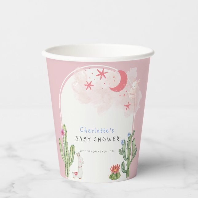 Pink Boho Arch Cactus Toys Girl Baby Shower  Paper Cups (Front)