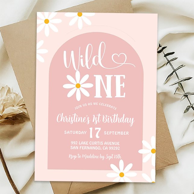 Pink Boho Arch Daisy Wild One First Birthday Invitation (Creator Uploaded)