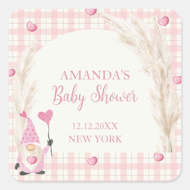 Pink Boho Arch Gingham Sweetheart Baby Shower Square Sticker (Front)