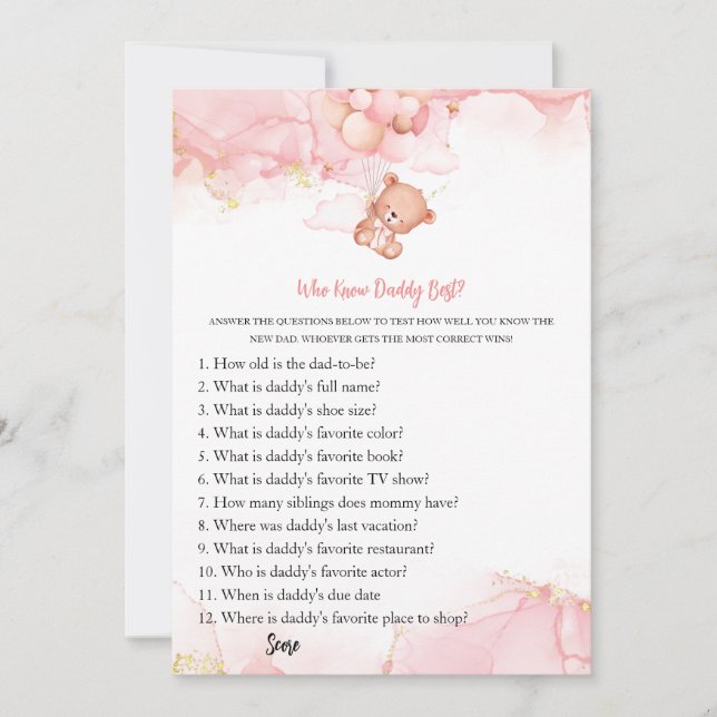 Pink Boho Bear Baby Shower Game Advice for Daddy Invitation (Front)