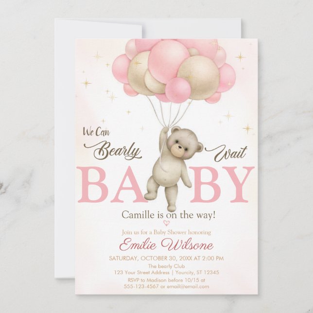 Pink Boho Bear Baby Shower Invitation (Front)
