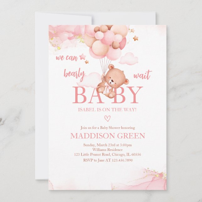 Pink Boho Bear Baby Shower Invitation (Front)