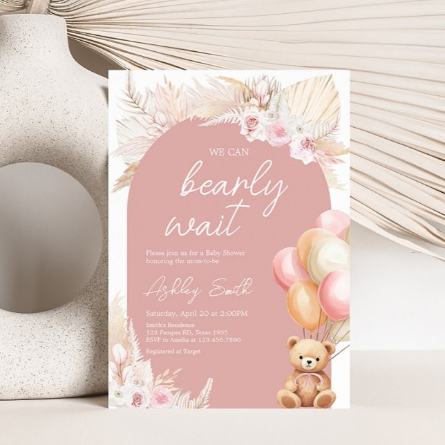 Pink Boho Bear Balloon Baby Shower Invitation (We Can Bearly Wait Baby Shower Invitation)