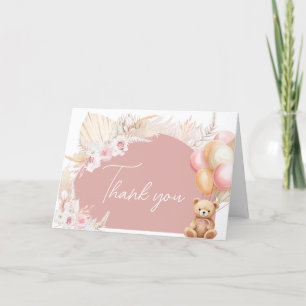 Pink Boho Bear Balloon Baby Shower Thank You Card