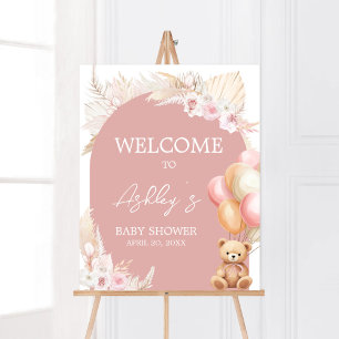 Pink Boho Bear Balloon Baby Shower Welcome Poster