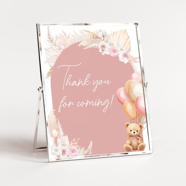 Pink Boho Bear Balloon Thank you for Coming Poster (We Can Bearly Wait Baby Shower Thank you for Coming Sign)