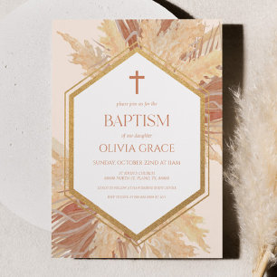 Pink Boho Bohemian Floral Flower Frame Baptism Invitation