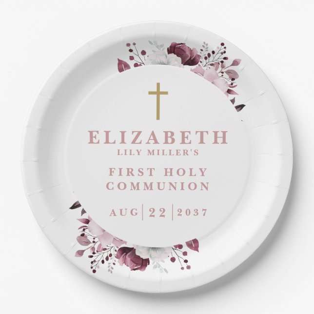 Pink Boho Botanical Floral First Holy Communion Paper Plate (Front)