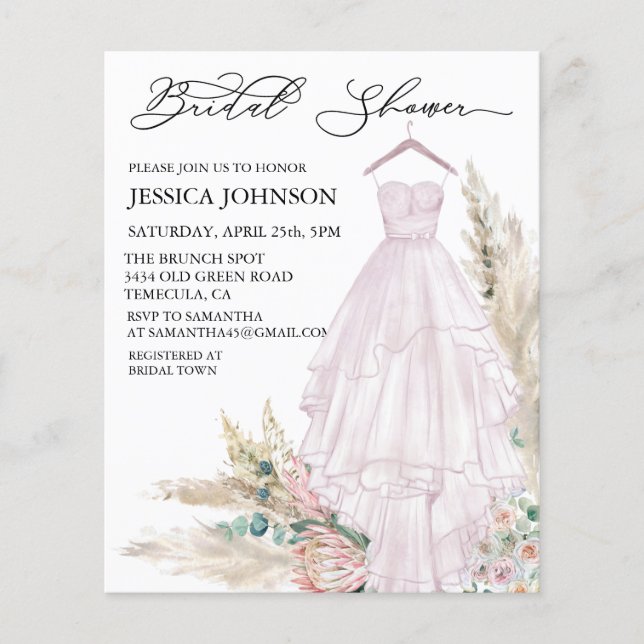 Pink Boho Bridal Shower Wedding Dress Watercolor (Front)