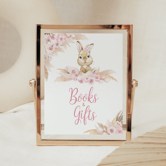 Pink Boho Bunny Baby Shower Books and Gifts Poster (Pampas Grass Girl Bunny Baby Shower Books and GIfts Sign)