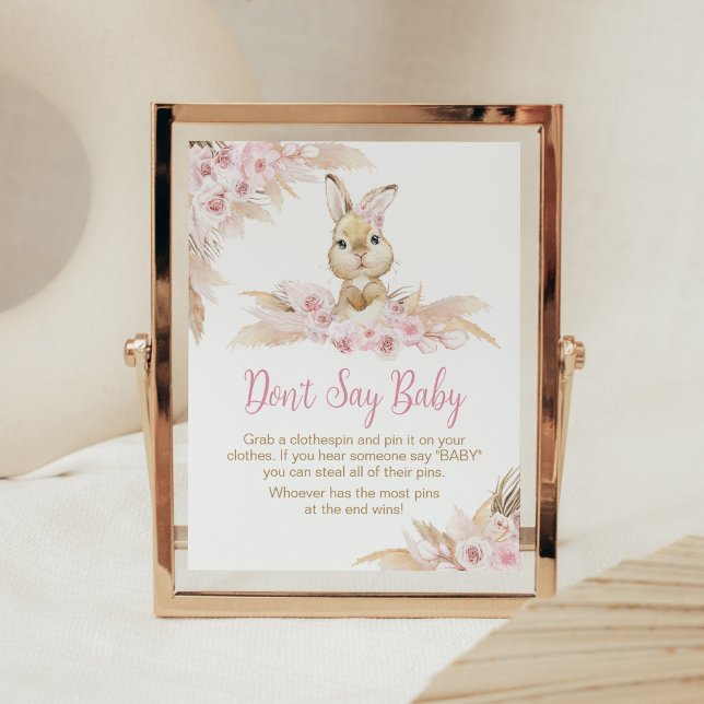 Pink Boho Bunny Baby Shower Don't Say Baby Poster (Pampas Grass Girl Bunny Baby Shower Don't Say Baby Sign)