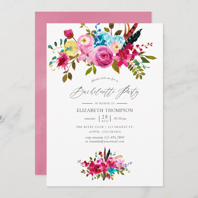 Pink Boho Chic Floral Bachelorette Party Invitation (Front/Back)