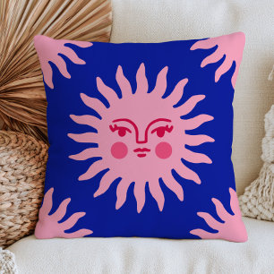 Pink BOHO Chic Sun Face on Navy Blue Mystical Cushion