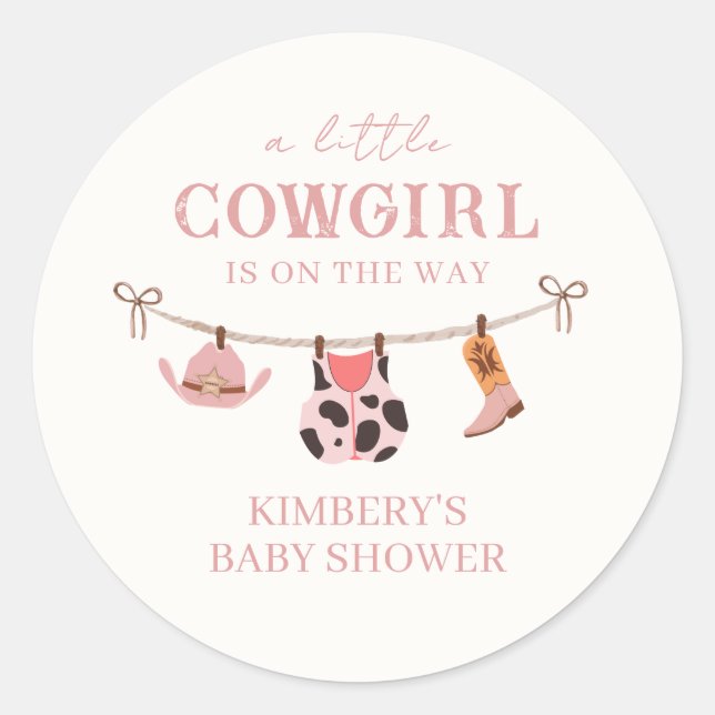 Pink Boho Cowgirl Clothesline Cowhide Baby Shower  Classic Round Sticker (Front)