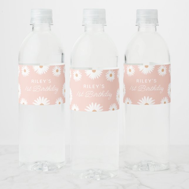Pink Boho Daisy Birthday Party Water Bottle Label (Bottles)