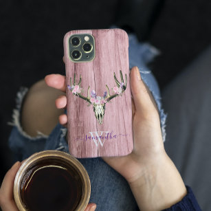 Pink Boho Deer Skull Floral Monogram Chic iPhone 13 Pro Max Case