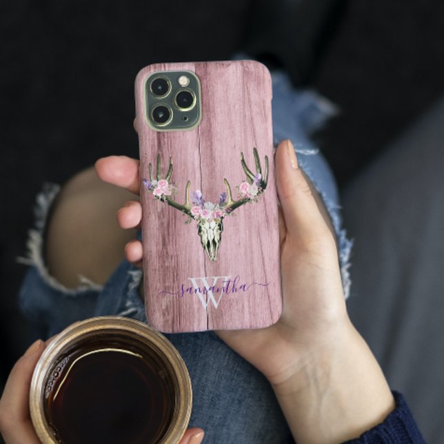 Pink Boho Deer Skull Floral Monogram Chic Case-Mate iPhone Case (Creator Uploaded)