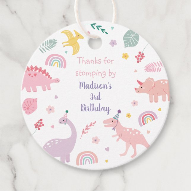 Pink Boho Dinosaur Birthday Favour Tags (Front)