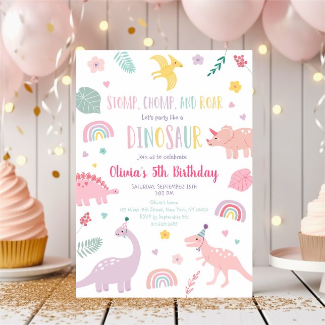 Pink Boho Dinosaur Birthday Invitation (Creator Uploaded)