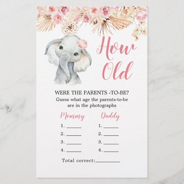 Pink Boho Elephant Baby Shower How Old Parents (Front)